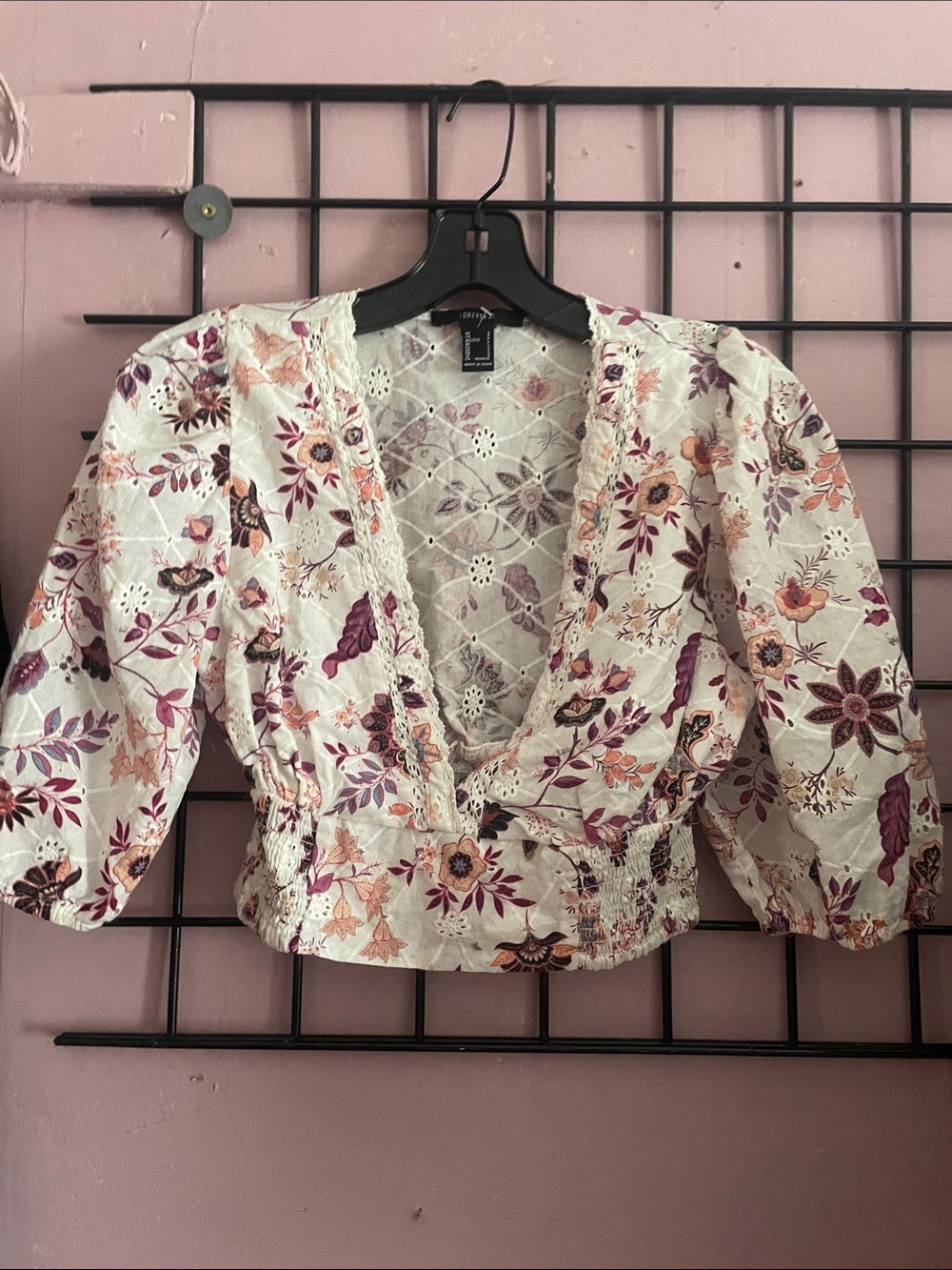 Forever 21 Floral Lace-Trim Wrap Blouse in Cream and Purple